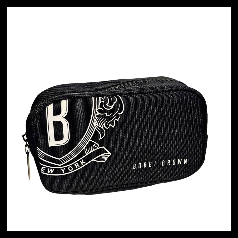 Bobbi Brown Black Canvas Zippered Cosmetic Makeup Bag Case White Logo New
